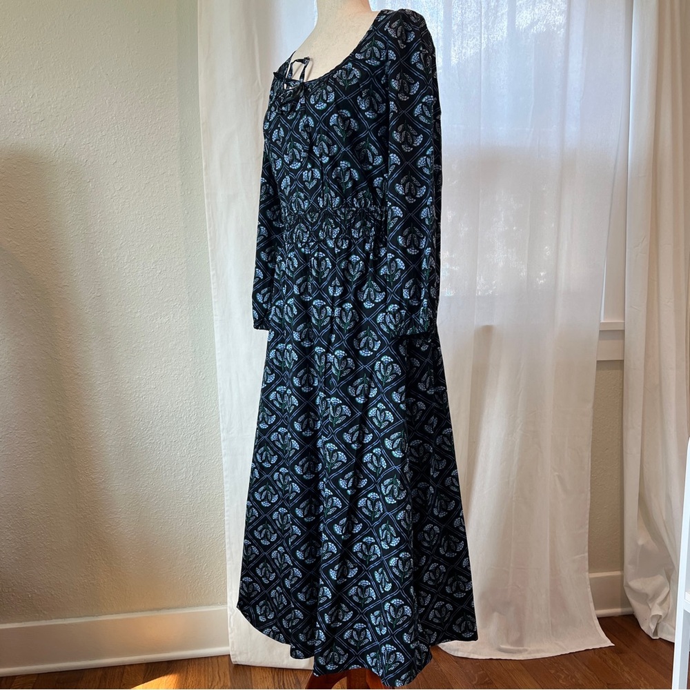 J. Crew Black Dress with Teal Pattern, Long Sleeve Maxi with Pockets Size 8 NWT - Picture 2 of 12